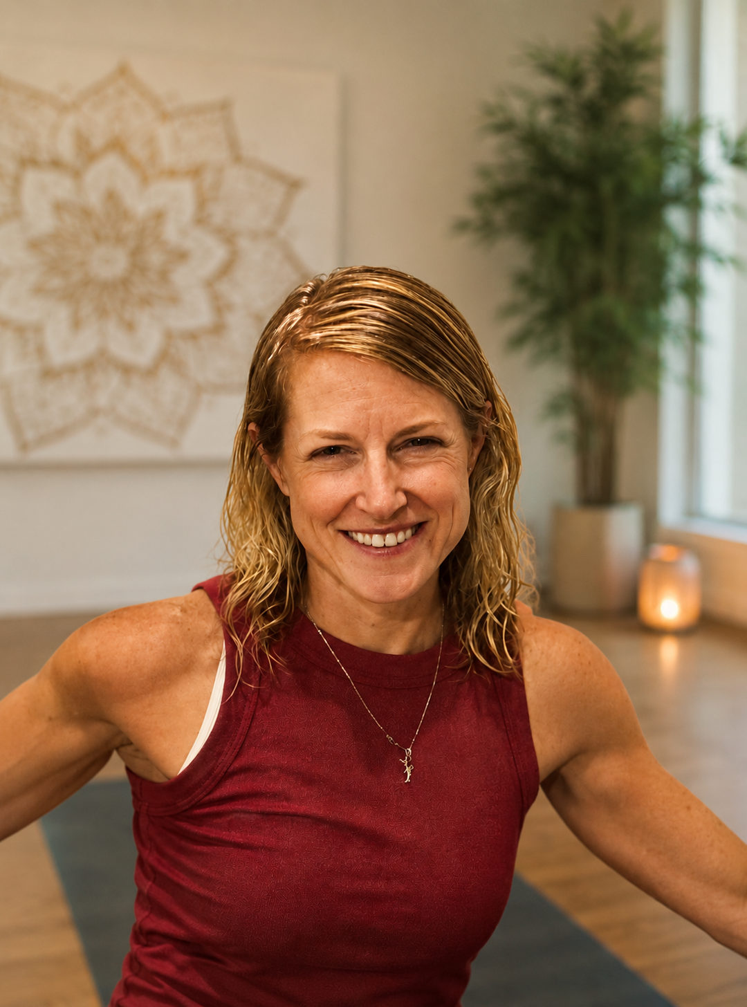 Cassie Scherer smiling on a yoga mat